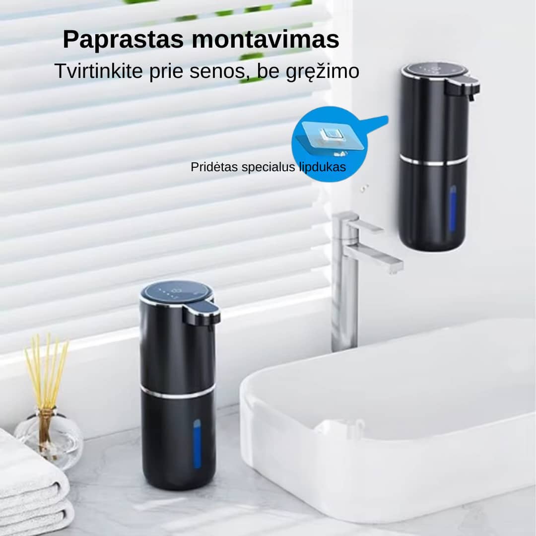 Automatinio muilo putos dozatoriaus montavimas - pastatomas arba ant sienos