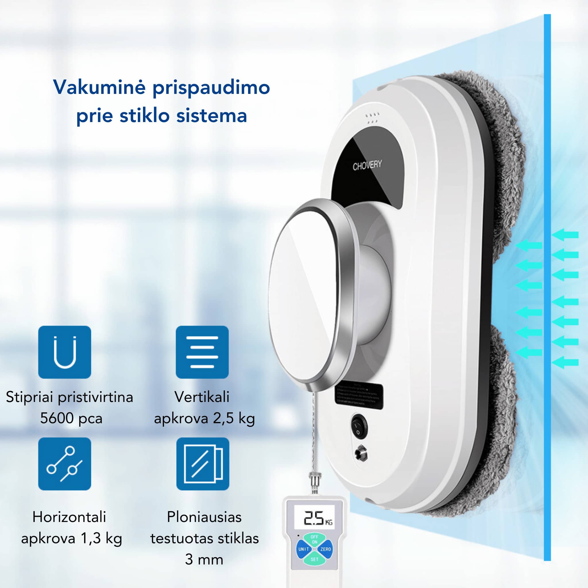 Langų valymo roboto pritraukimo prie stiklo sistema