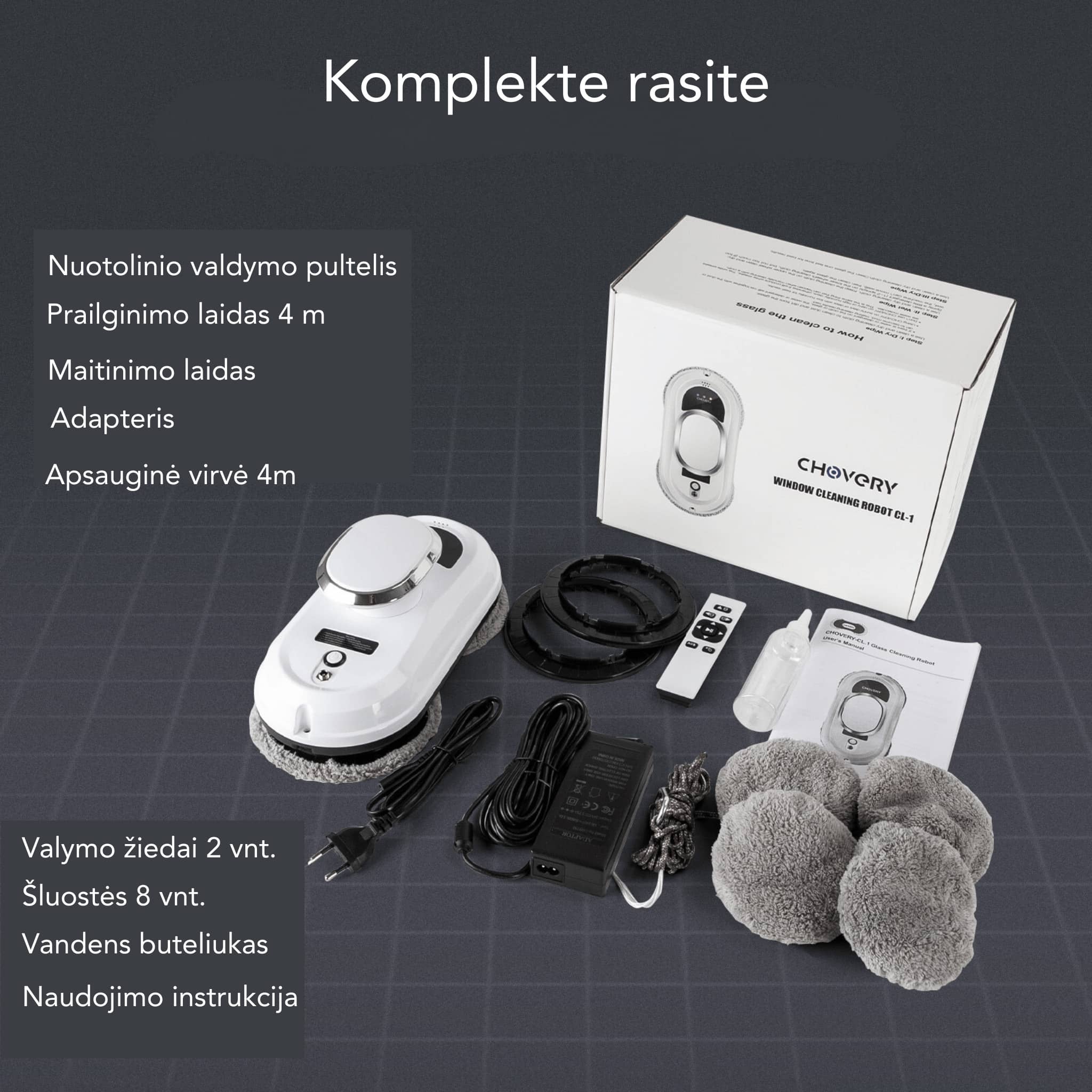 Langų valymo roboto chovery komplektacija