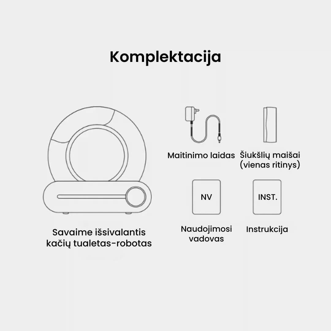 Savaime išsivalančio kačių tualeto roboto TonePie komplektacija
