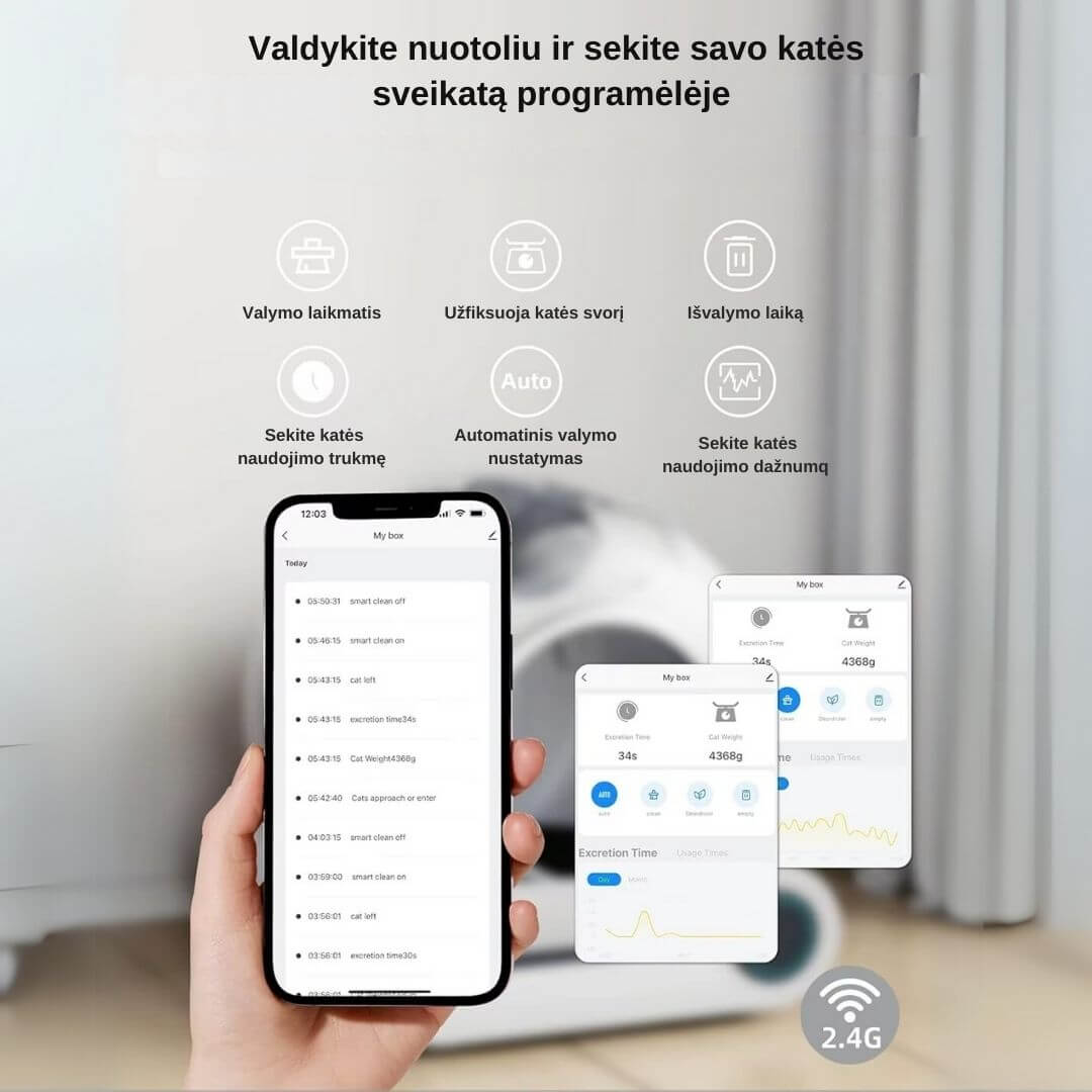 Automatinio kačių tualeto TonePie valdymas programėle