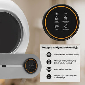 Patogus savaime išsivalančio kačių tualeto valdymas ekranėlyje